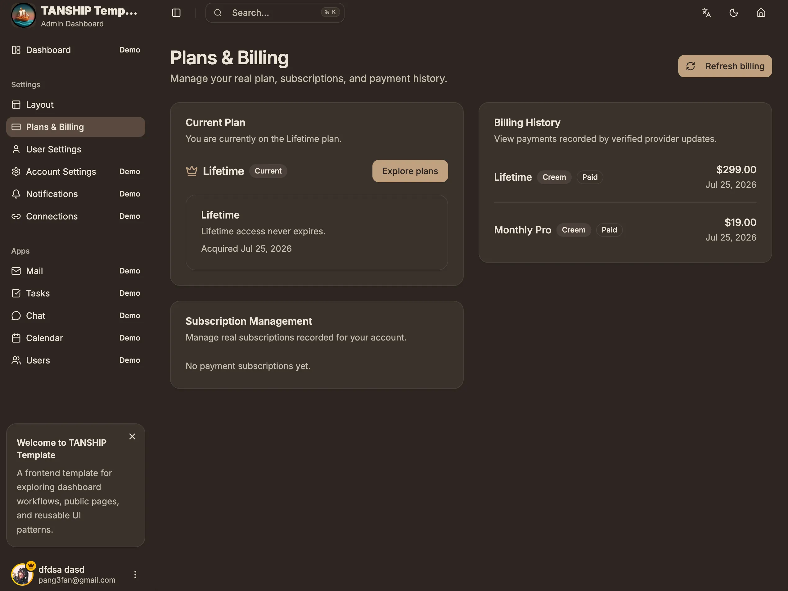 subscription billing preview - Dark Mode